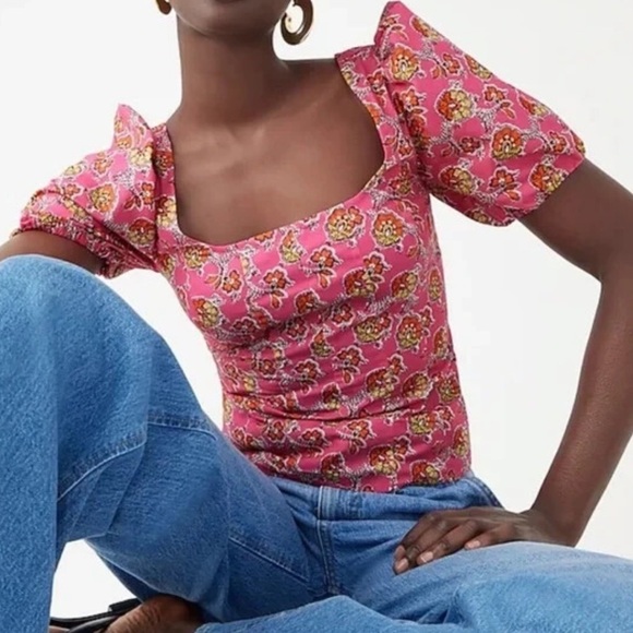 J. Crew Puff-Sleeve Square-neck Top in Ratti Pink Blooms Print Size 00 NWT - Picture 12 of 12